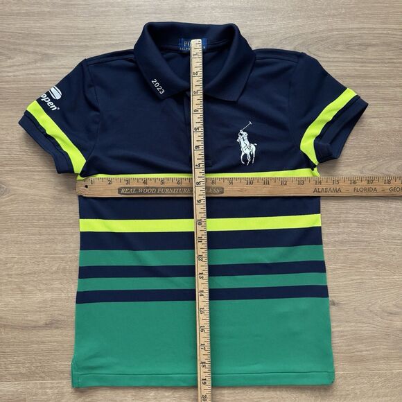 Polo Ralph Lauren Youth Small US Open 2023 Striped Polo Shirt Navy Green Neon - Picture 8 of 9